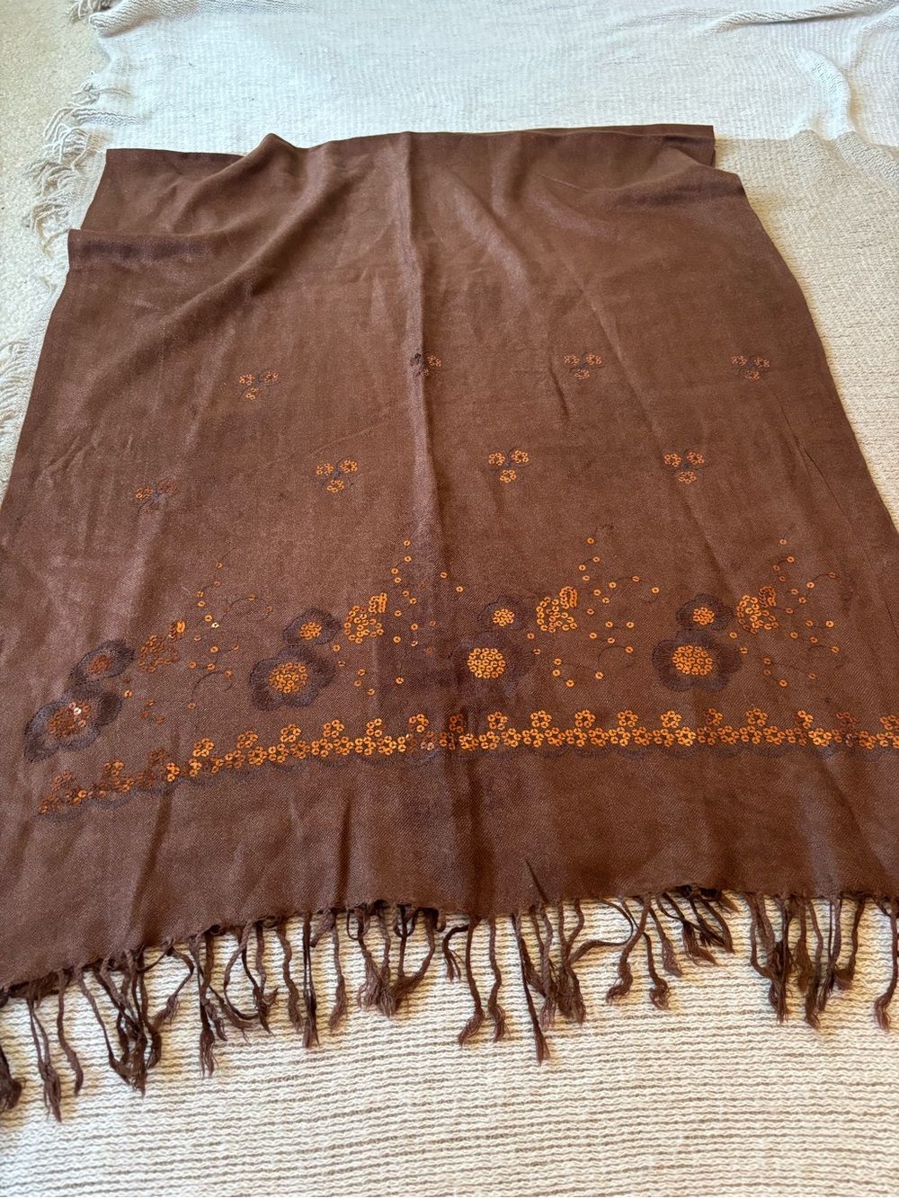 Brown Floral Embroidered Sequined Fringe Wrap Scarf 27x70